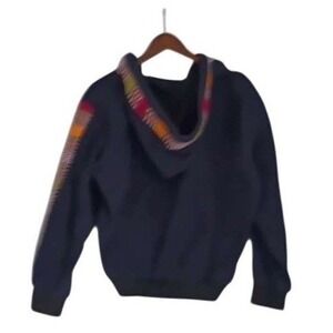 New Rhea Artisan Fleece Hoodie Jacket L Large Navy Blue Boho Trim Zip Up Unisex